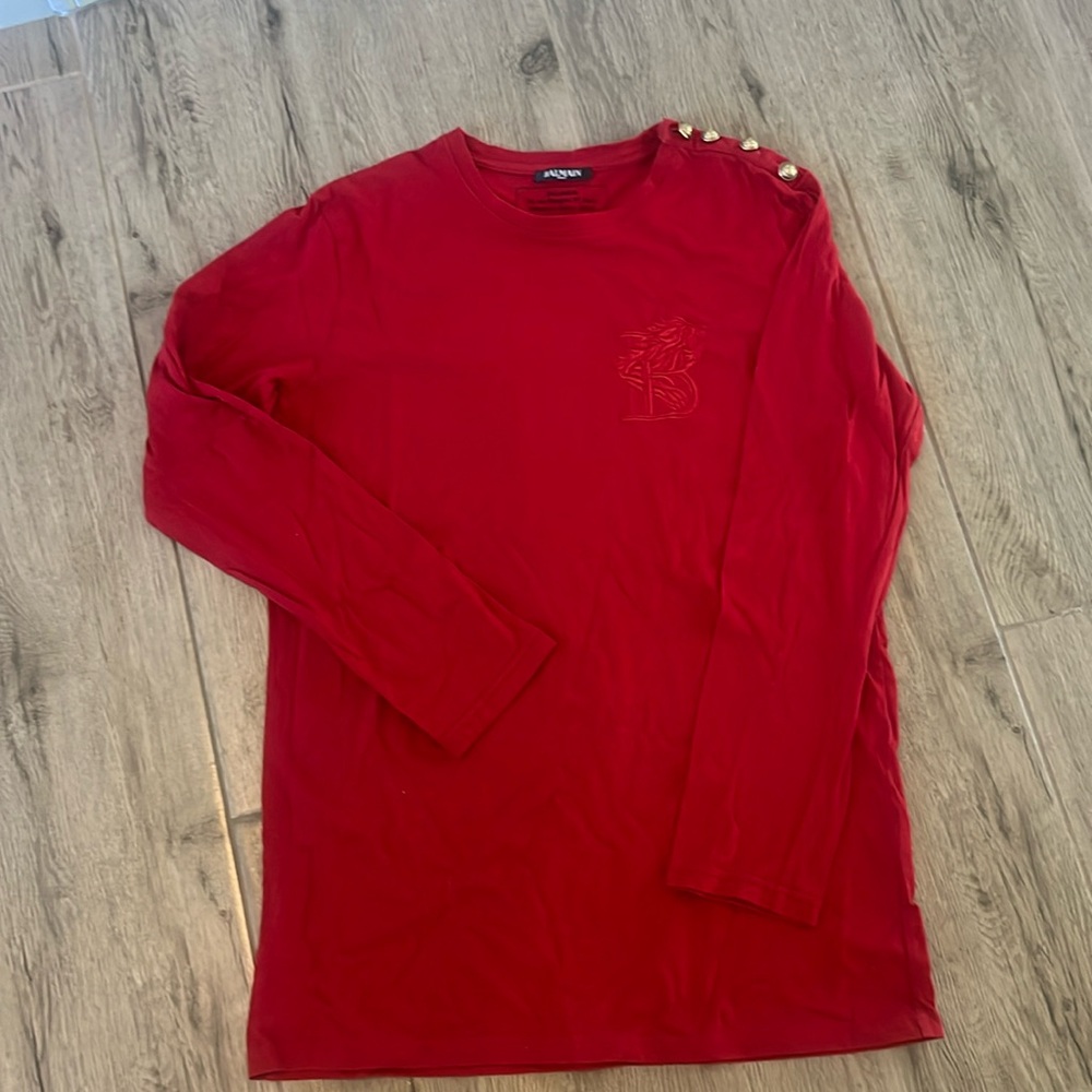 BALMAIN LONG SLEEVE T-SHIRT IN RUBY RED